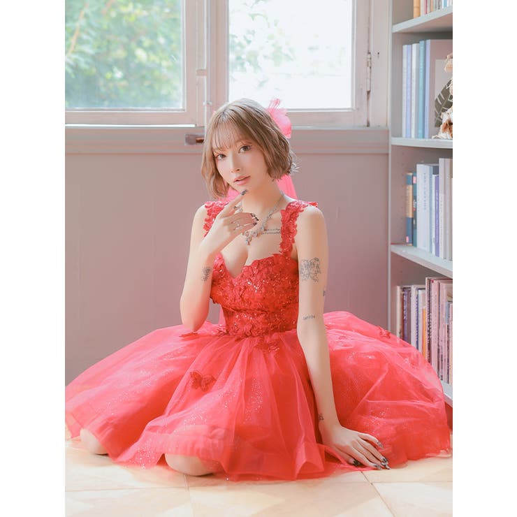 スパンコール×刺繍トップショルダーAラインフレアミニドレス ガーリー