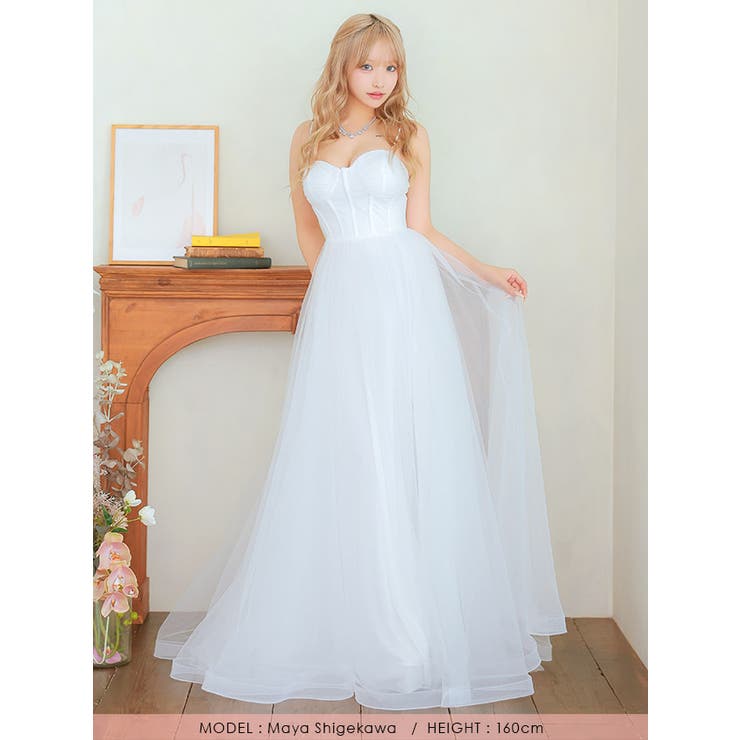 コルセットトップチュールロングドレス エレガントドレス フレア[品番