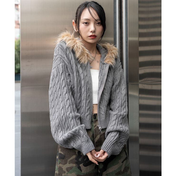 フェイクファー付きケーブルニットパーカー[品番：WG010096286]｜WEGO