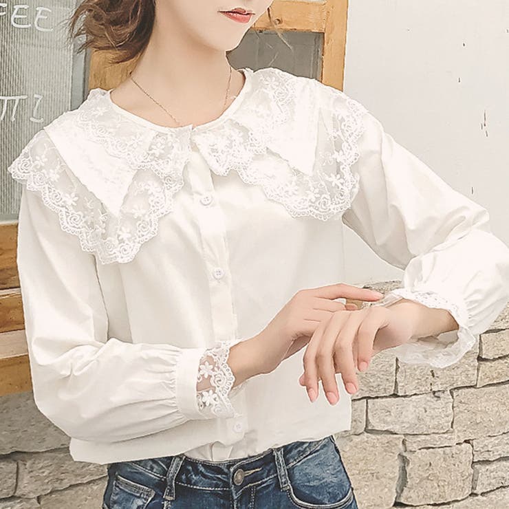 BL】ダブルレースカラーブラウス レースカラーブラウス 襟付きブラウス