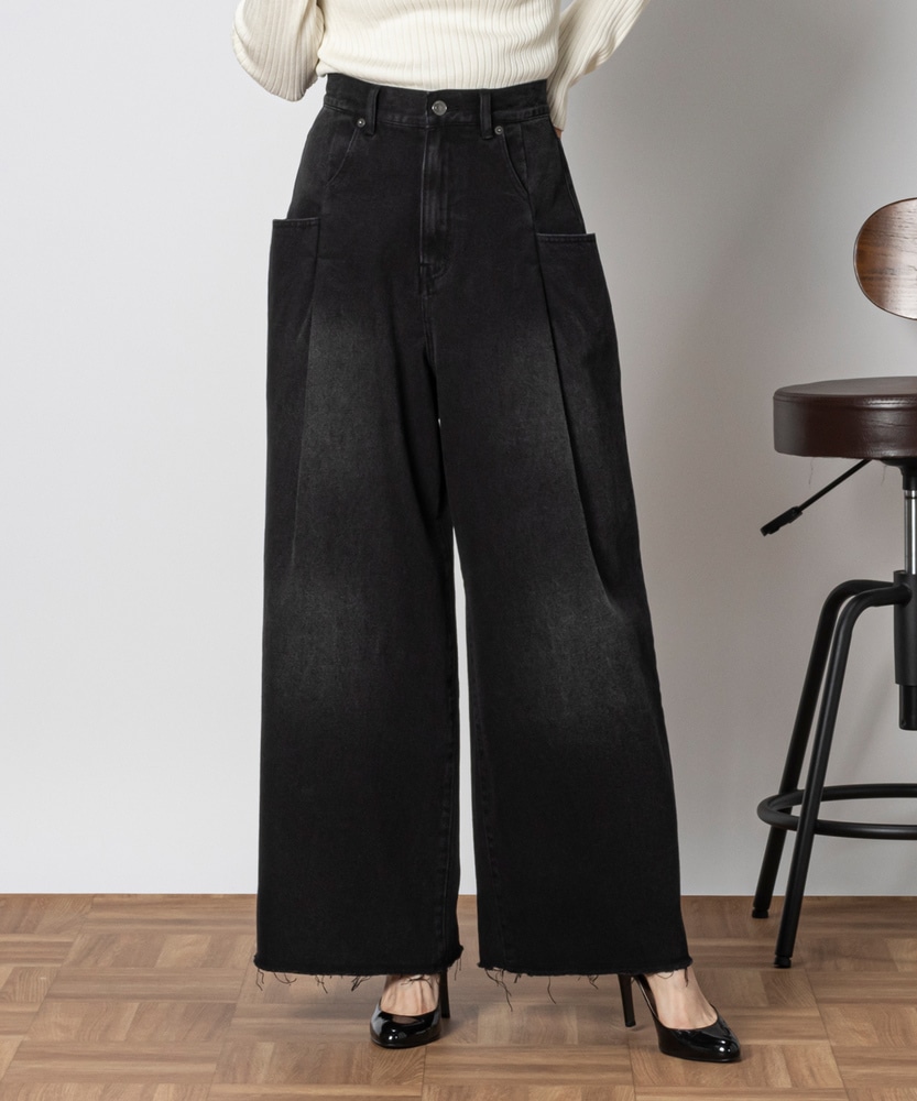 タックバギーデニムパンツ【自宅で試着、返品送料無料】(S ブラック