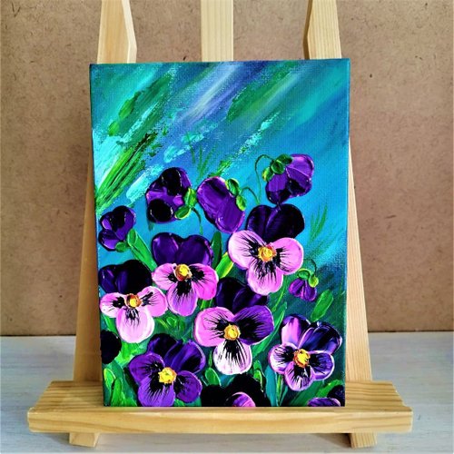 ロシア パンジー ブーケ 絵画 畫 花 壁飾り ピンク 紫 お花 アート