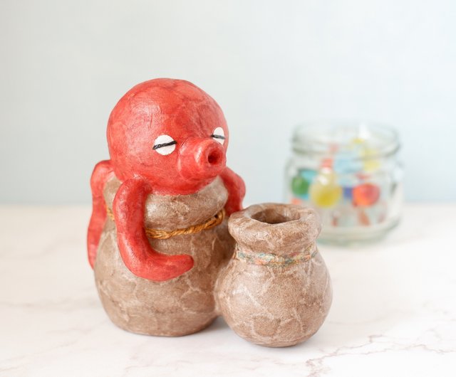 タコとたこ壺の置物 ペン立て 一輪挿し 和紙インテリア 和紙クラフト