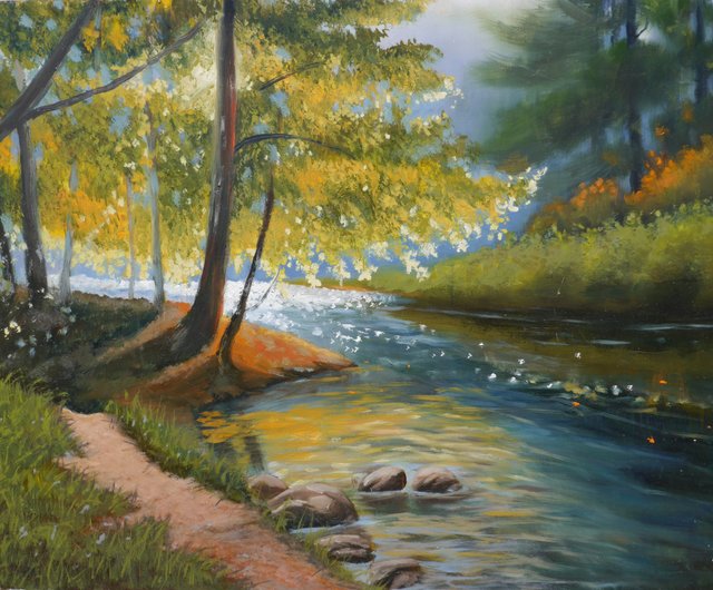 トルコ 黄金の木々の風景画 8x8インチ オリジナル油絵 秋の森