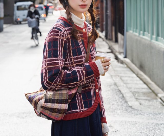 レッドチェック ラウンドヘム ニットカーディガン|ニット|セーター