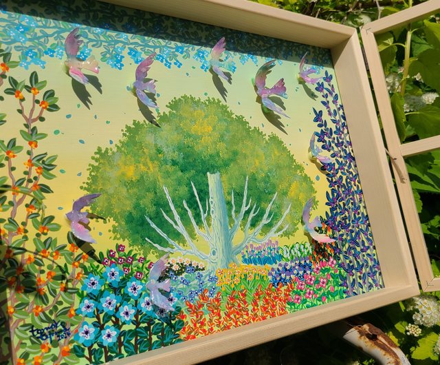風庭散歩/原画一点のみ】花畑 絵画 鳥 窓 花園 カラフル かわいい 店舗