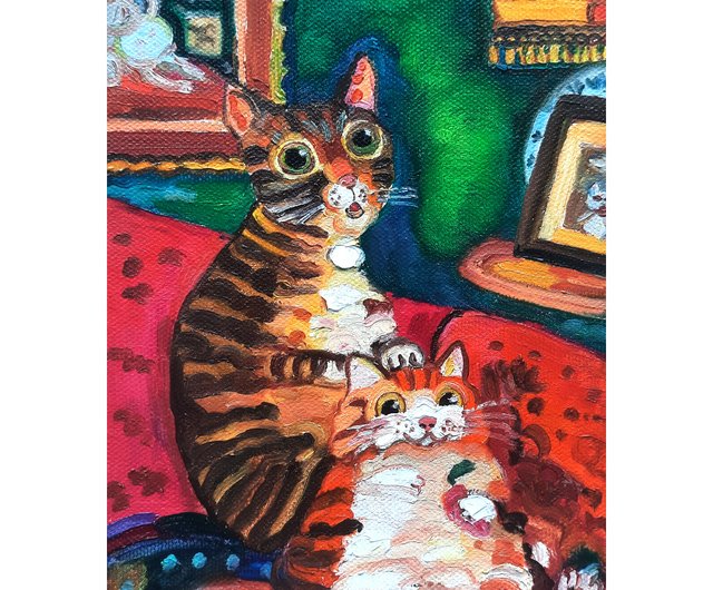 送料無料】ロシア 2匹の猫の絵 オリジナルアート キャンバスに描かれた