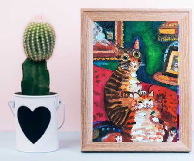 送料無料】ロシア 2匹の猫の絵 オリジナルアート キャンバスに描かれた
