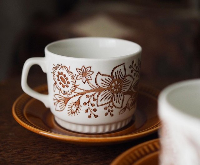 香港 1960 年代 Boch Belgium 手描き ブラウンの小鳥と花 カップ