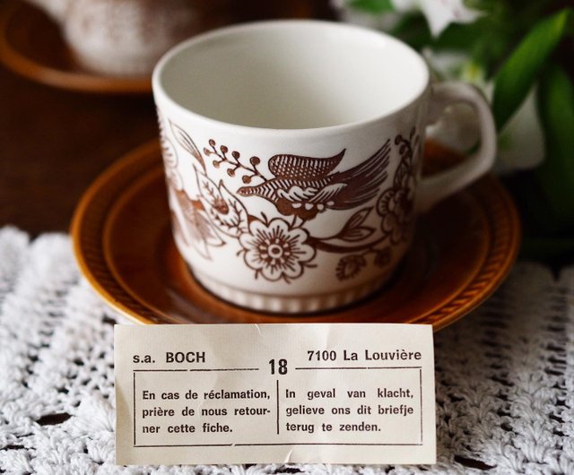 香港 1960 年代 Boch Belgium 手描き ブラウンの小鳥と花 カップ