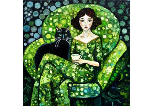 送料無料】ロシア 原創畫黒猫の少女 絵画アート オリジナルアート 油絵