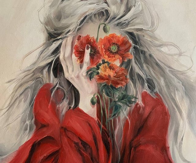 トルコ キャンバスに描かれたオリジナル油絵 顔のない女性 ポピーを