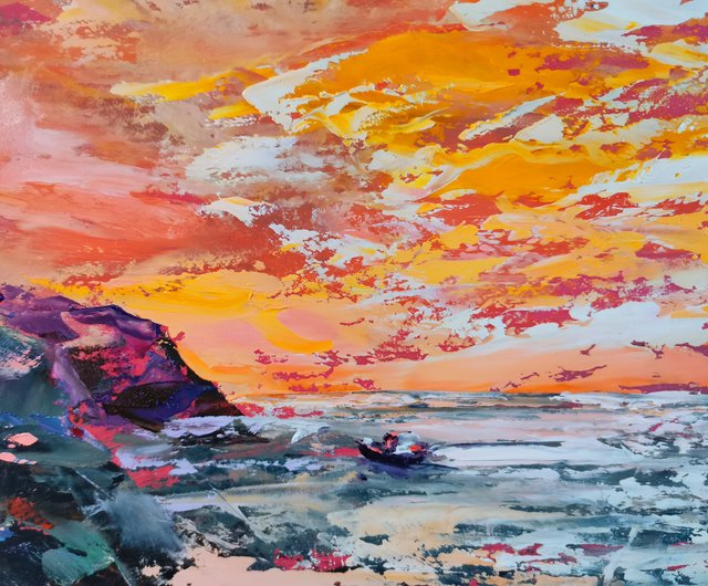 ロシア 山 海 船 明るい夕日 オリジナル アート 油絵 アーティスト