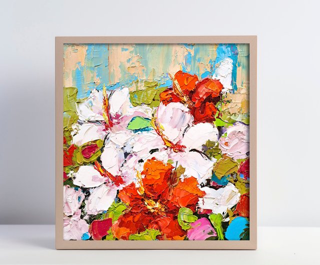 送料無料】タイ ハイビスカス油絵花オリジナルアート花厚塗りアート