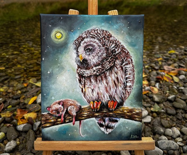 スロバキア フクロウのオリジナル絵画キャンバス フクロウとネズミ