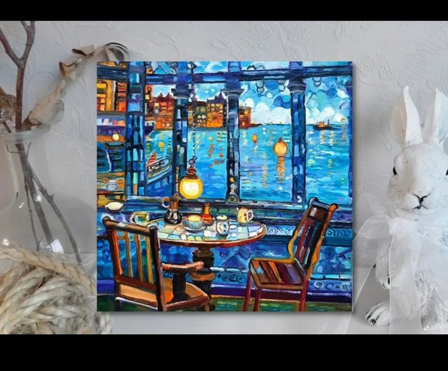 送料無料】ロシア 夜カフェ 絵画 原画 油絵 キャンバス油彩 30x30cm