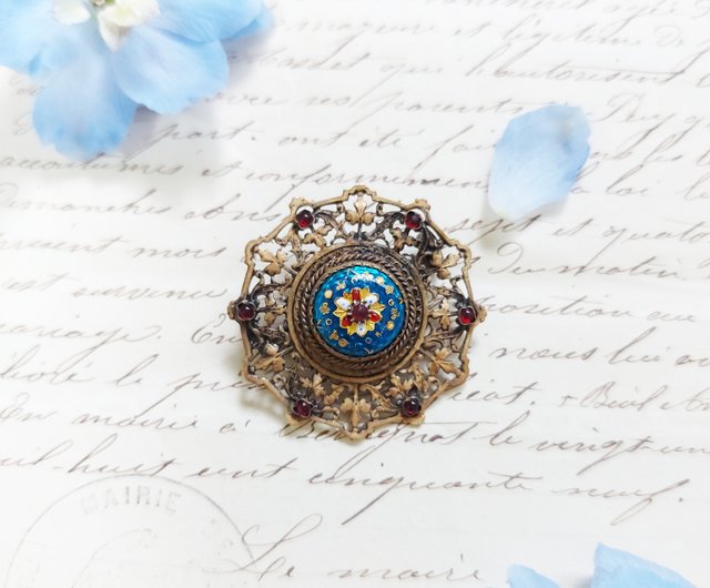 アメリカ合衆国 Emaux Bressans ブルーエナメル アンティークブローチ