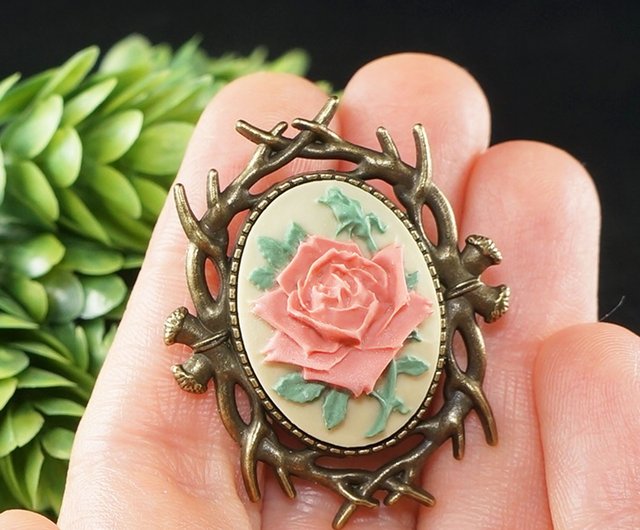 ロシア ピンクローズヴィンテージカメオブローチローズフラワー