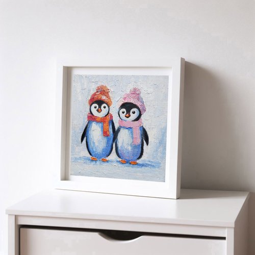10%OFF】ロシア カップルかわいいペンギンオリジナル絵画鳥壁アート