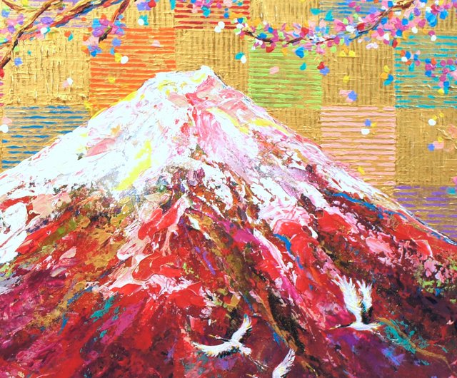 1点もの作品再販なし【赤富士と鶴の絵】 開運 幸運 日本風 日本の画家