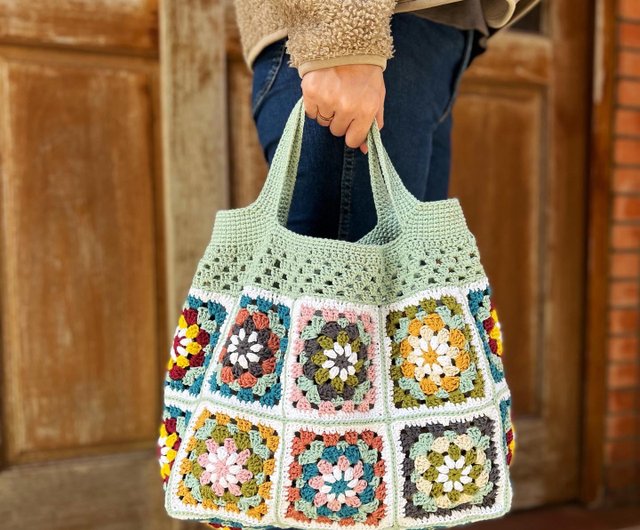 台湾 花格日和・レトロ花タイルパッチワークかぎ針編みトートバッグ