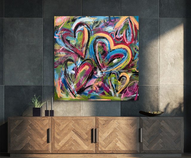 送料無料】スペイン オリジナル絵画 カラフルな抽象的なハートアート