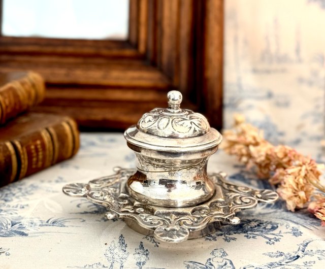 台湾 40037-美しきフランスアンティーク シルバープレート製インク壺