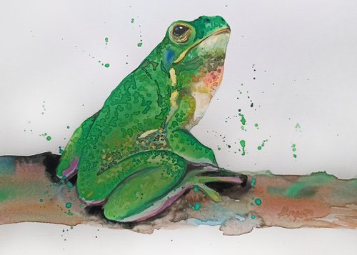 ロシア 水彩画オリジナル緑のカエル動物の部屋の装飾絵画アートアン