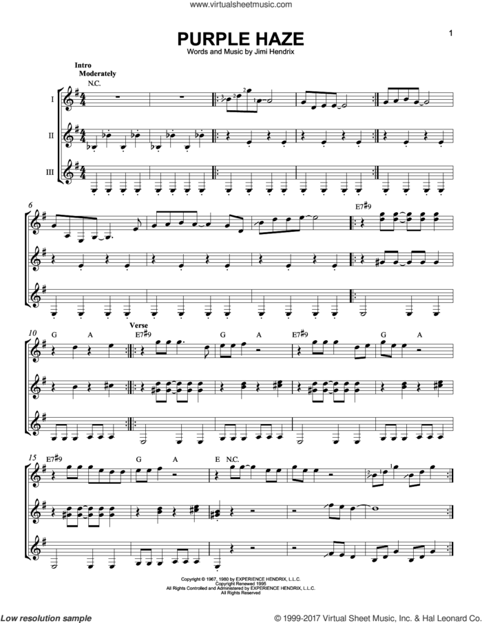 Purple Haze sheet music for guitar ensemble (PDF) v2