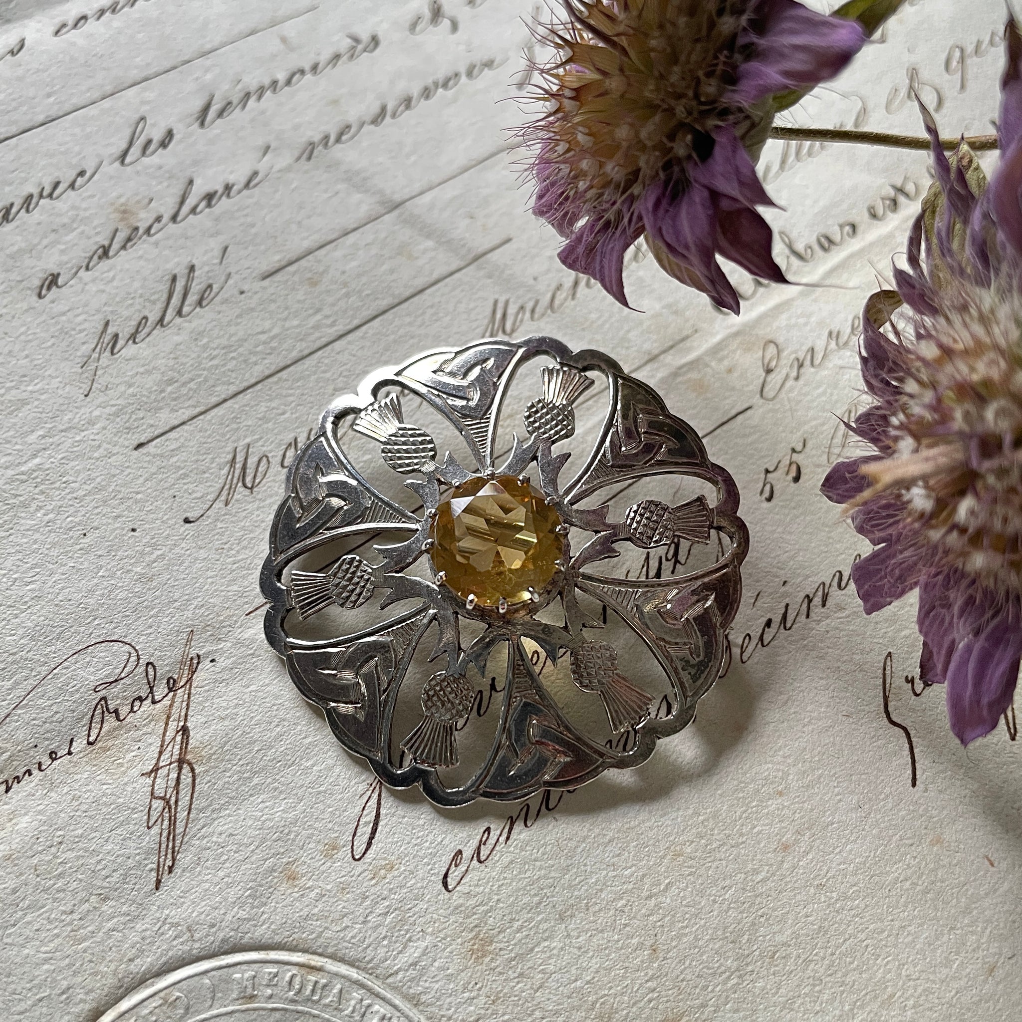 1900年代シトリントパーズあざみのシルバーブローチ イギリス