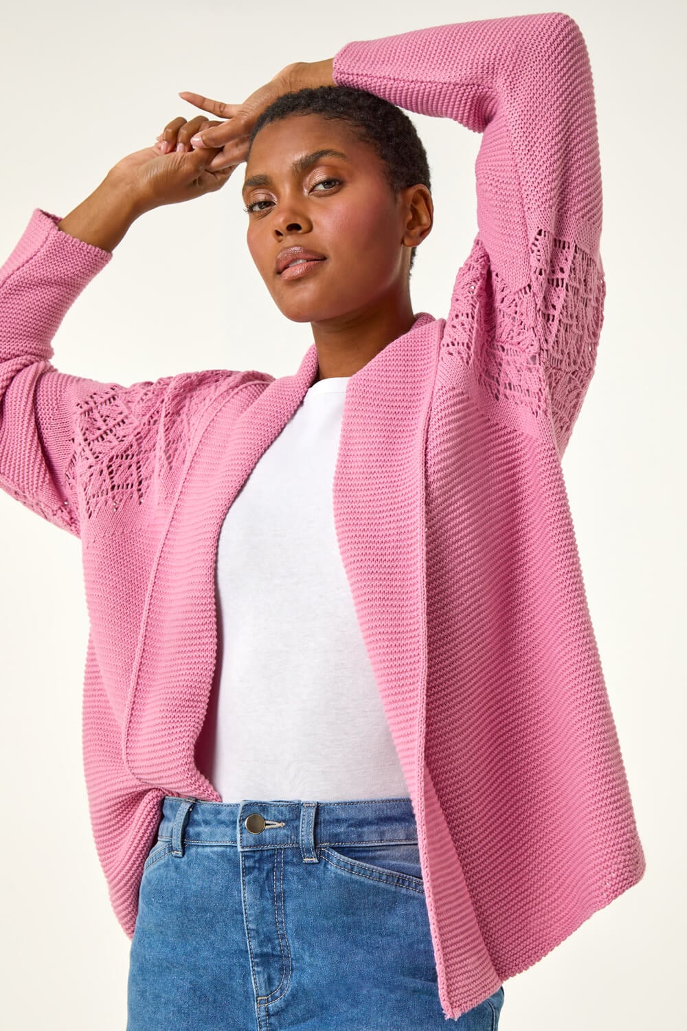 Pink Edge to Edge Pointelle Knit Cardigan | Roman UK