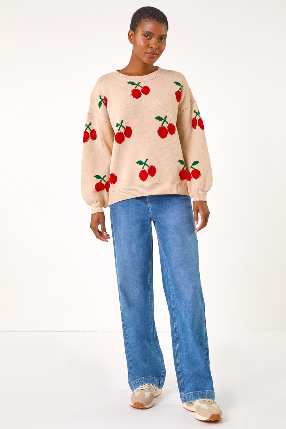 Taupe Cherry Patterned Jumper | Roman UK