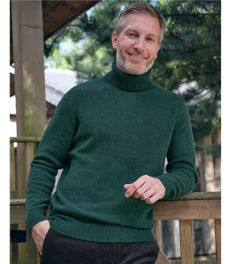 Dark Green Marl | Mens Lambswool Turtle Neck Sweater | WoolOvers US