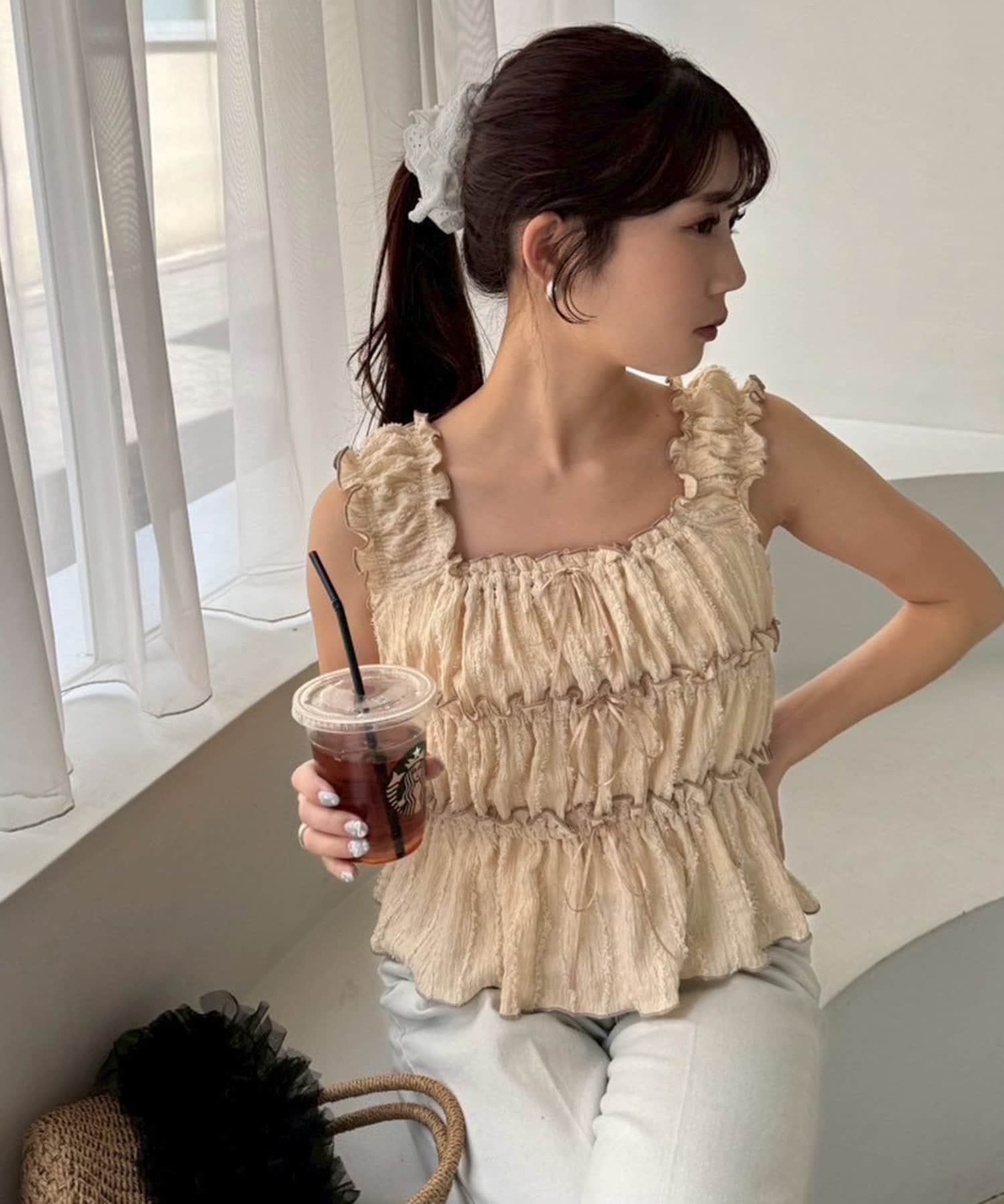 リボン付きギャザートップス | one after another NICE CLAUP(ワン