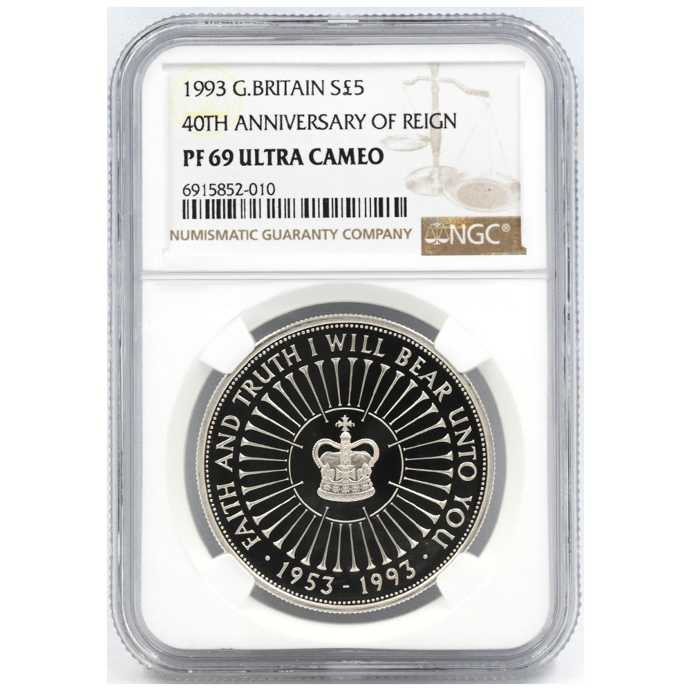 イギリス 1993 エリザベス2世 5ポンド 1オンス 銀貨 NGC PF69UC 戴冠40