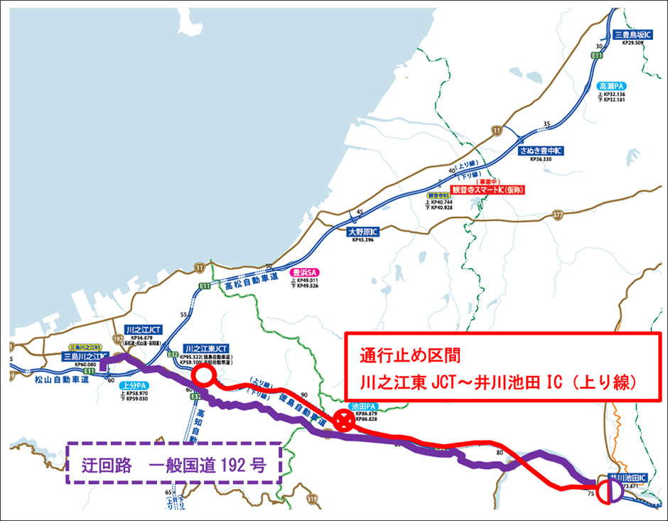 E32徳島自動車道 川之江東JCT～井川池田IC間（上り線）において緊急
