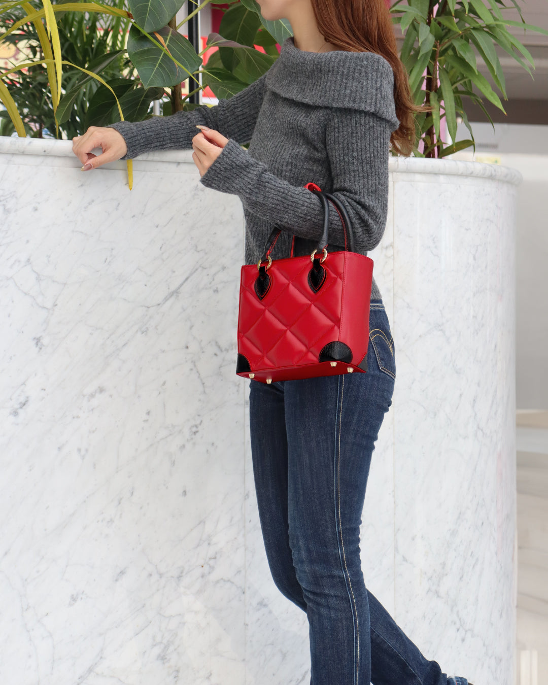 コンパクト キルティング トートバッグ｜イタリアンレザー 異素材