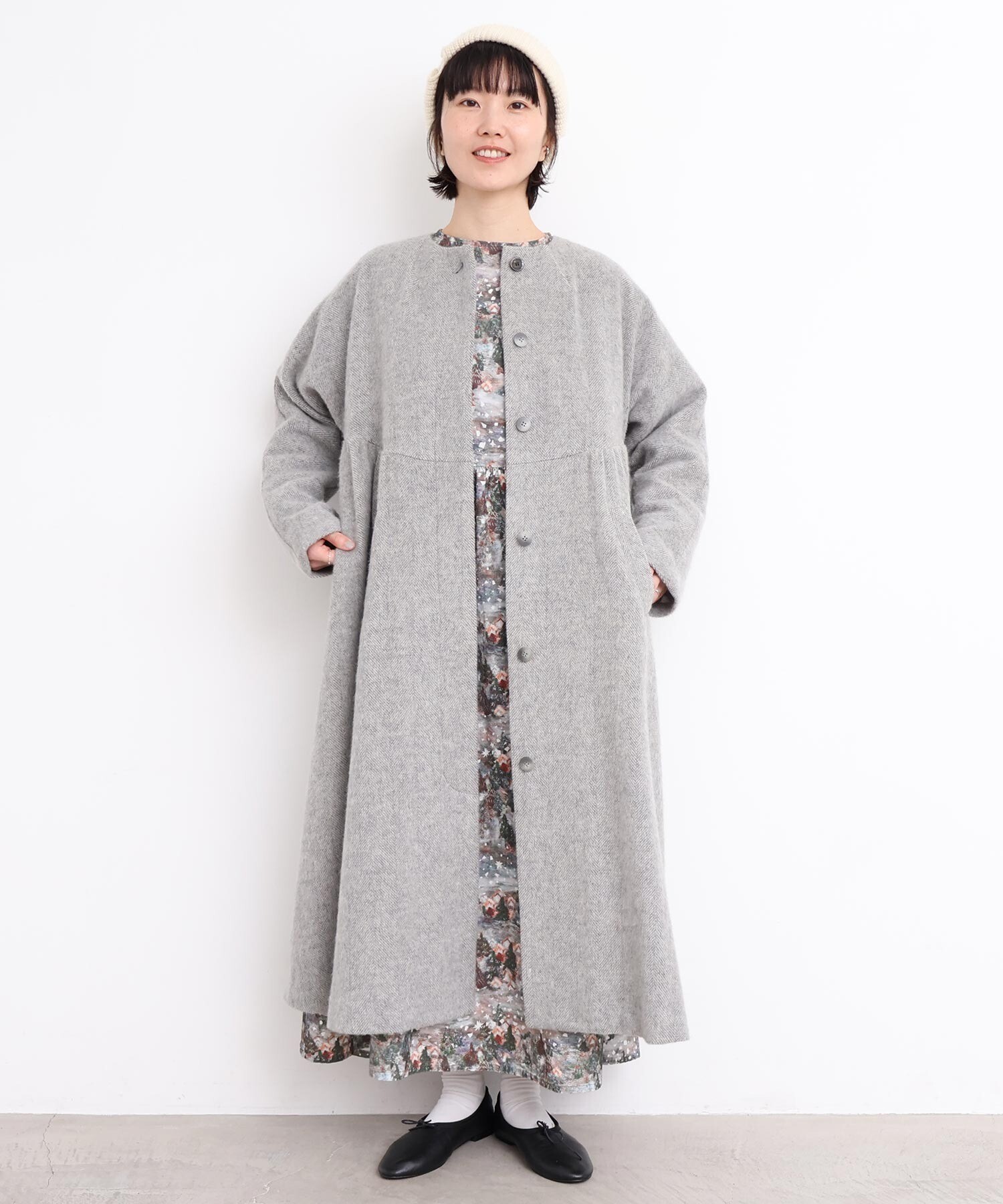 AMBIDEX Store 〇ヘリンボーンウール ドルマンギャザーコート (F