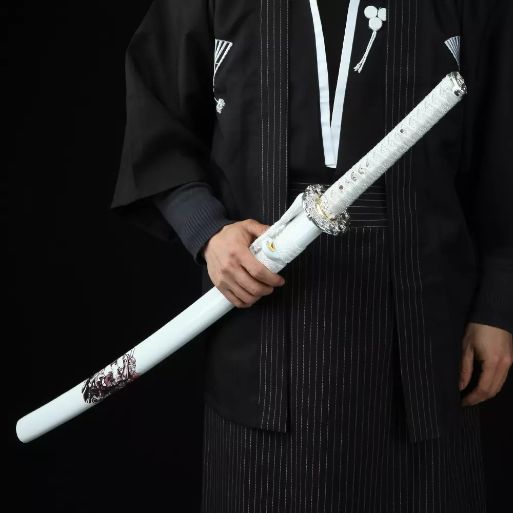 White Katana | White T10 Clay Tempered Katana with Real Hamon in