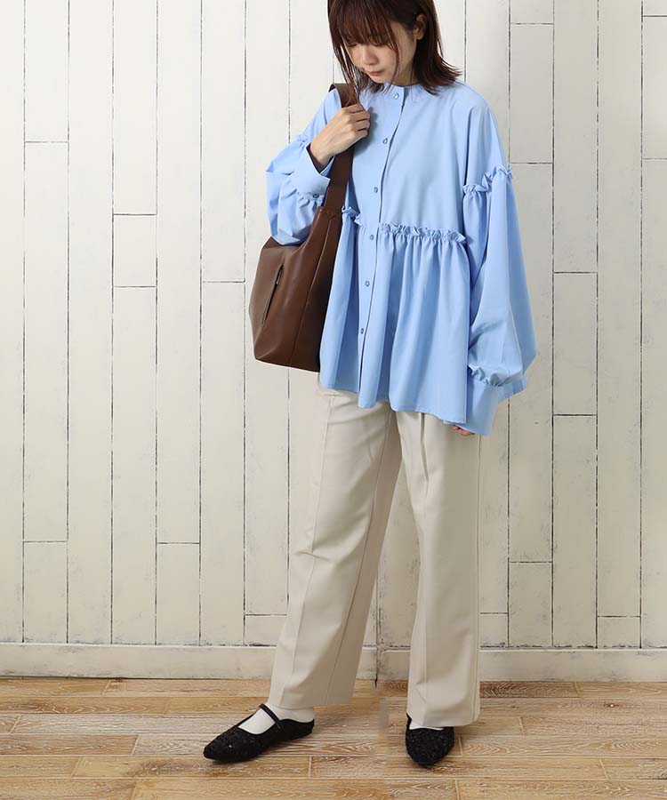 スパンブロードギャザークルーネックブラウス ブラウス 長袖 長袖