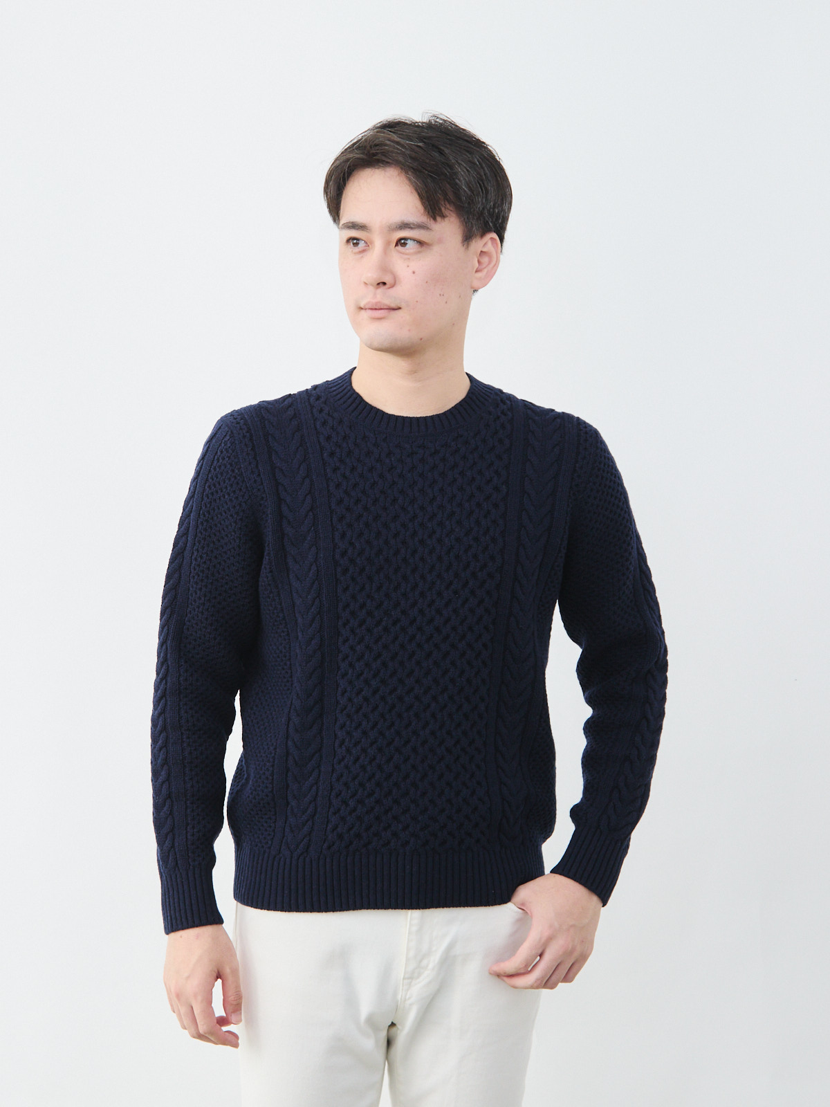 オーセンティック アランケーブルニット/Washable Wool/ネイビー