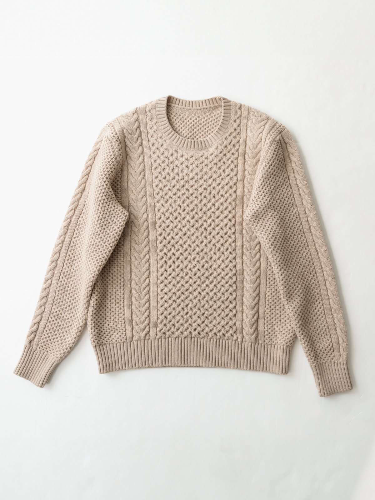 ウォッシャブルウール100% 軽量ケーブル編みニット/ベージュ