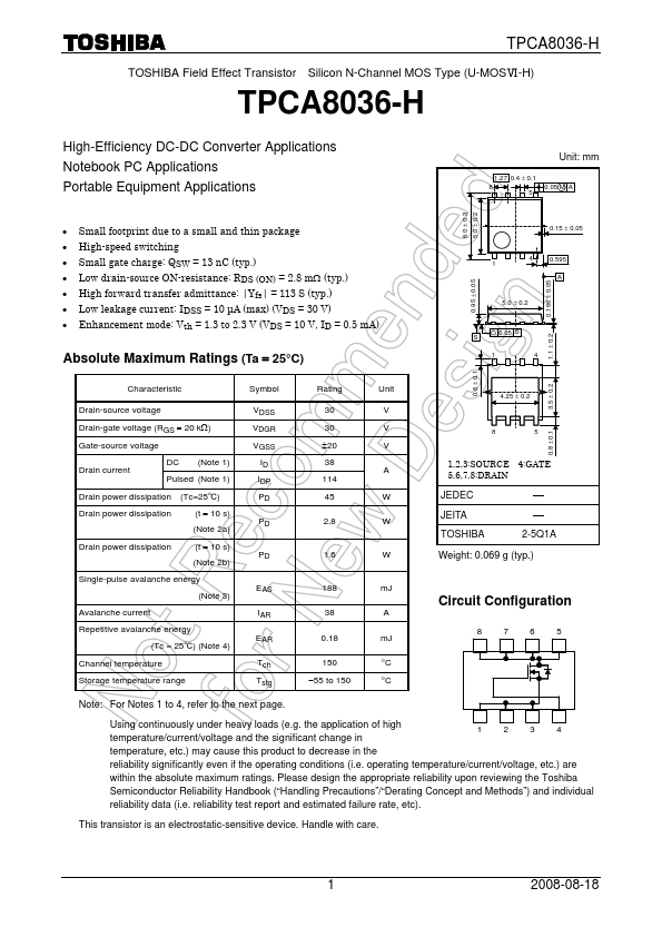 TPCA8036-H Datasheet (Silicon N-Channel MOSFET) | Toshiba