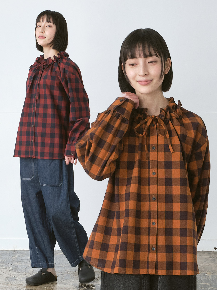 襟フリル＆リボンブラウス 綿ブロックチェック | シャツBLナガソデ