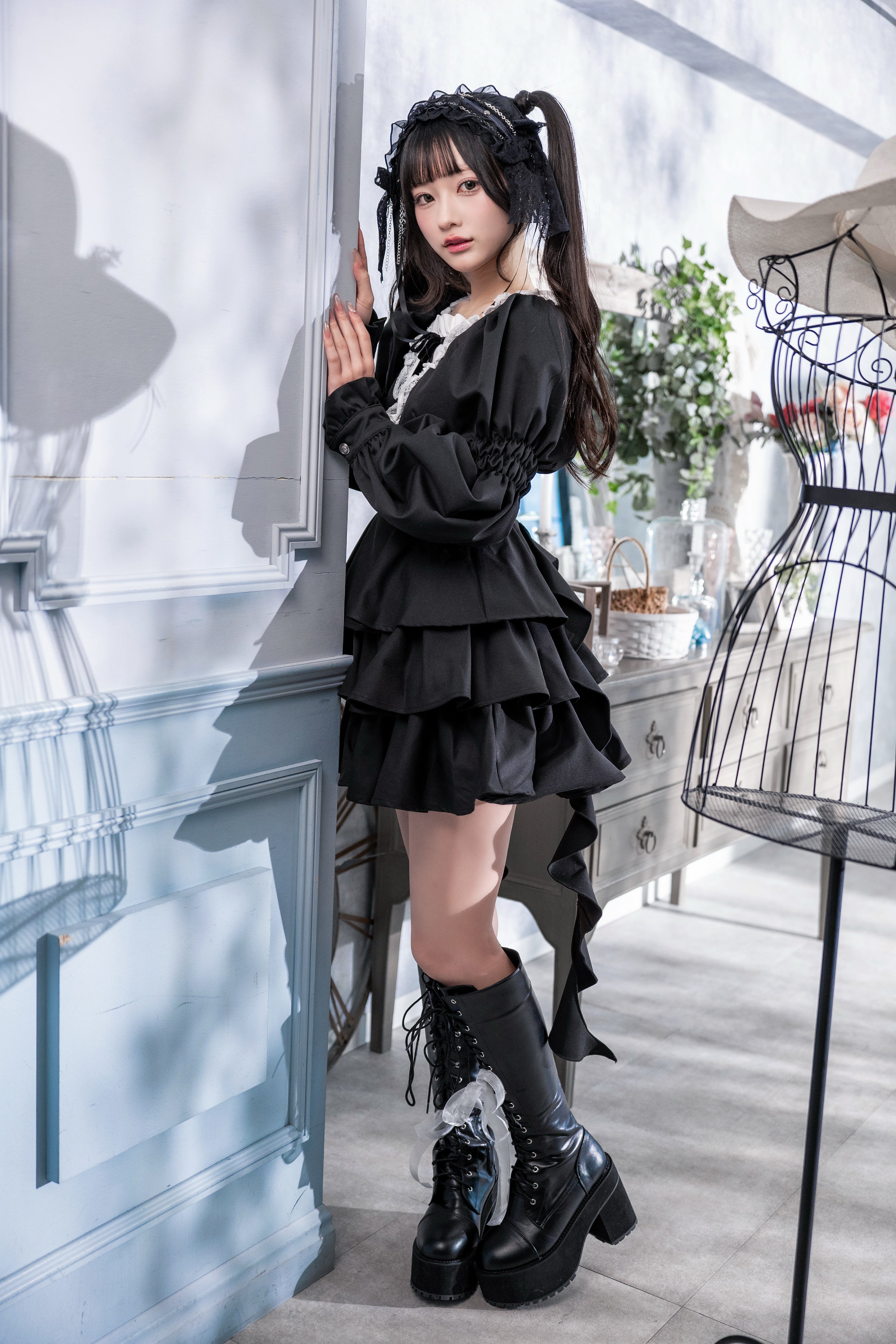 doll ruffle puff one piece black