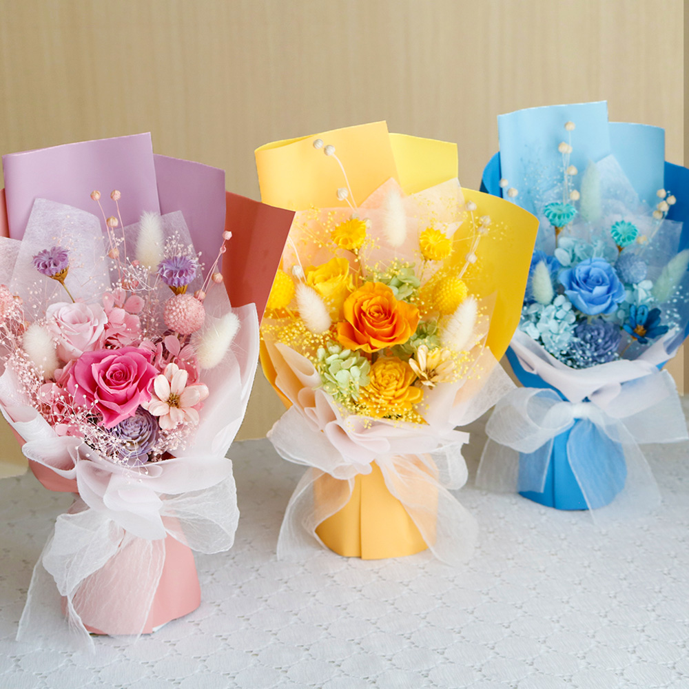 スタンドブーケ-HAPPY-(ピンク・ブルー・イエロー)/花束プリザーブド