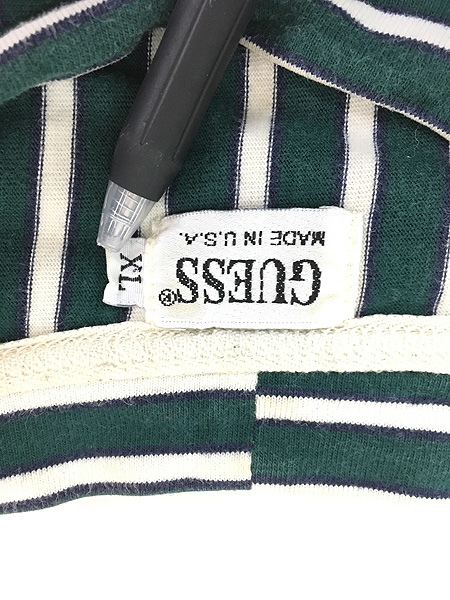 古着 90s USA製 GUESS 刺しゅう ストライプ 長袖 Tシャツ ロンT XL