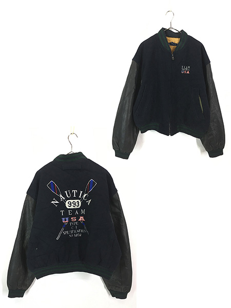 古着 90s Nautica 「TEAM TOUTICA USA」 本革 レザー × メルトン