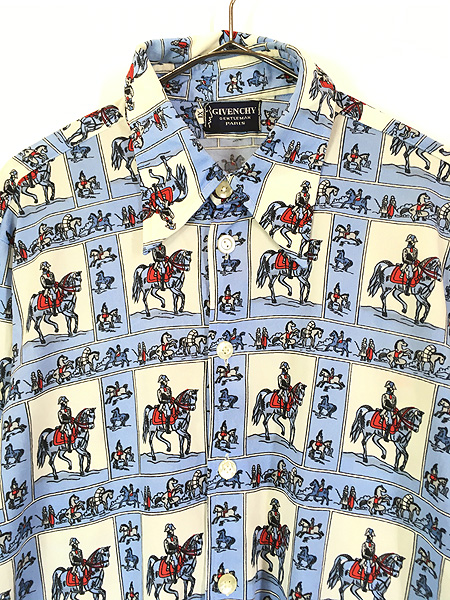 古着 70s GIVENCHY 馬 兵隊 総柄 光沢 オールド ボックス ポリエステル
