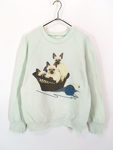 レディース 古着 80s USA製 猫 ネコちゃん 毛糸 アニマル プリント